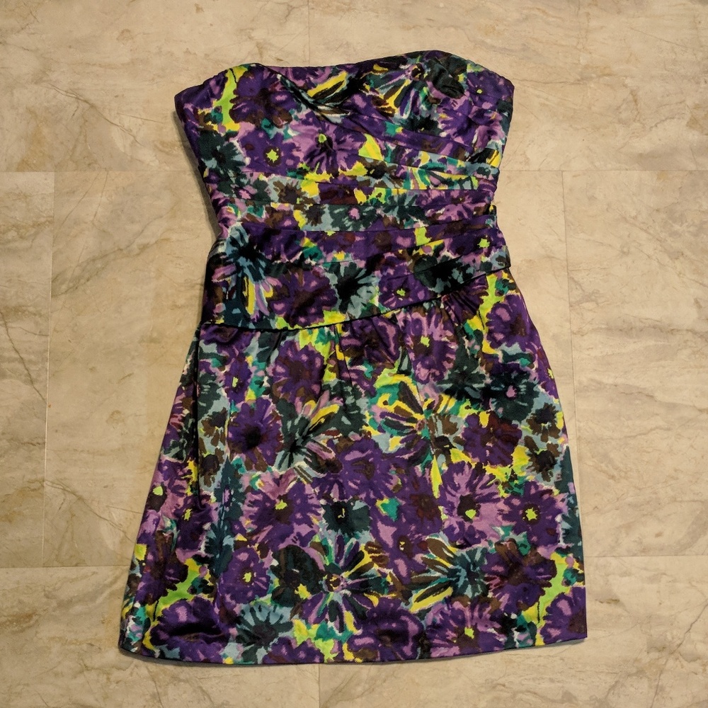 BCBG Grape Sateen Floral Pleated Strapless Dress